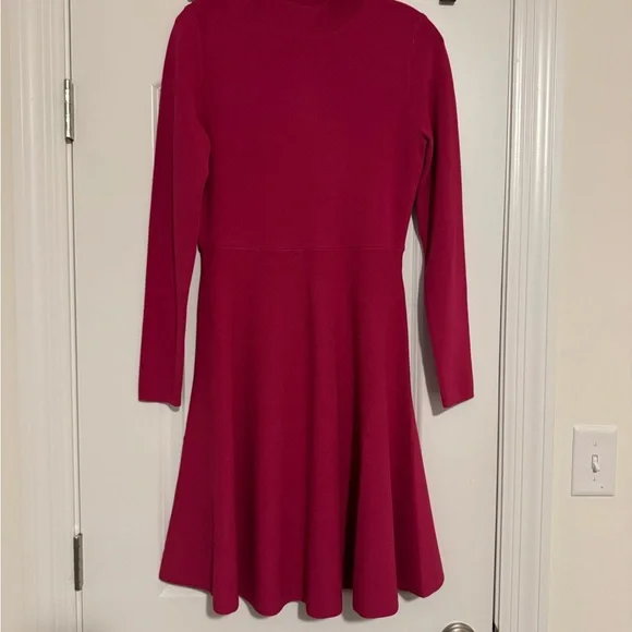 Ann Taylor Pink Knee-Length A-Line Dress with Long Cuffed Sleeves and Mock Neck - Picture 2 of 4